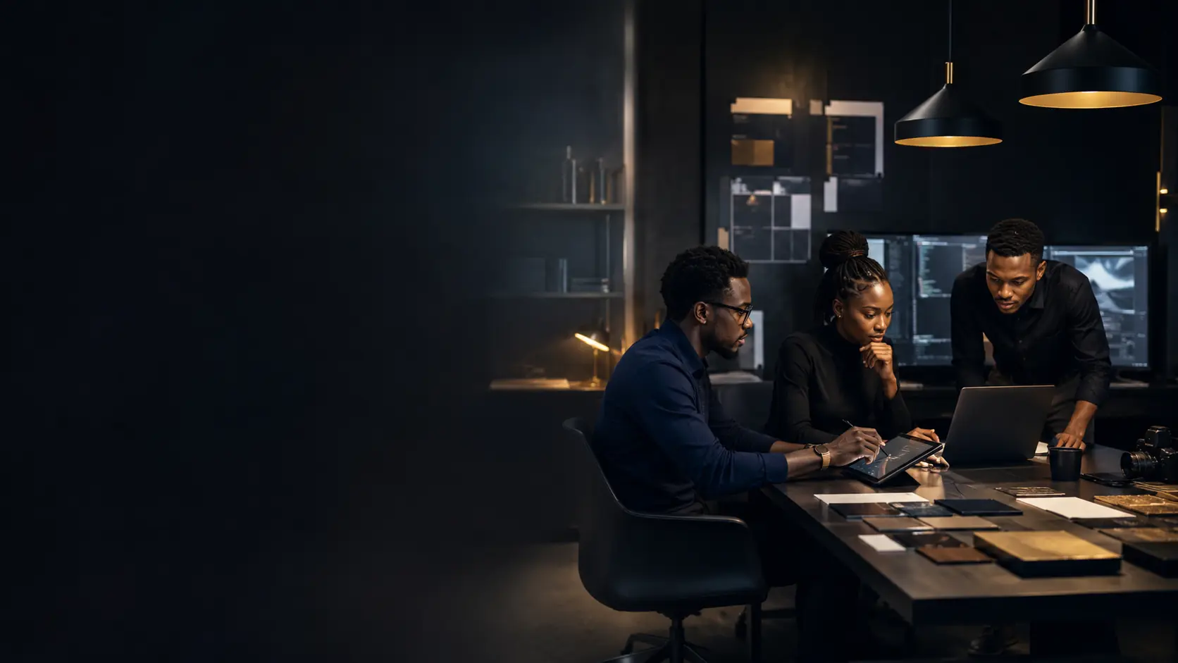 Creative and technical team collaborating in a digital studio