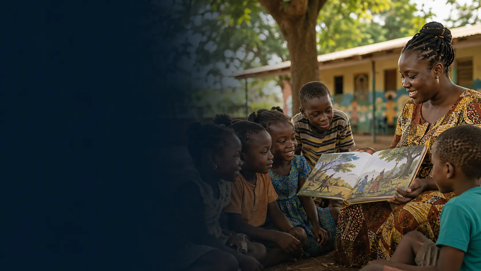 African educator reading with children in a community programme